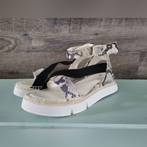 Sarto Sandal Small Platform White, Black, and Snakeskin Print Ankle Strap